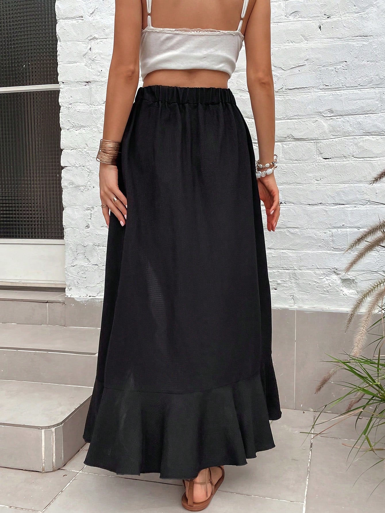 EMERY ROSE High Waist Ruffle Trim Split Hem Skirt - Premium Women Skirts from ZOETOP BUSINESS CO., LIMITED - Just $39.49! Shop now at Nick's Bay Company