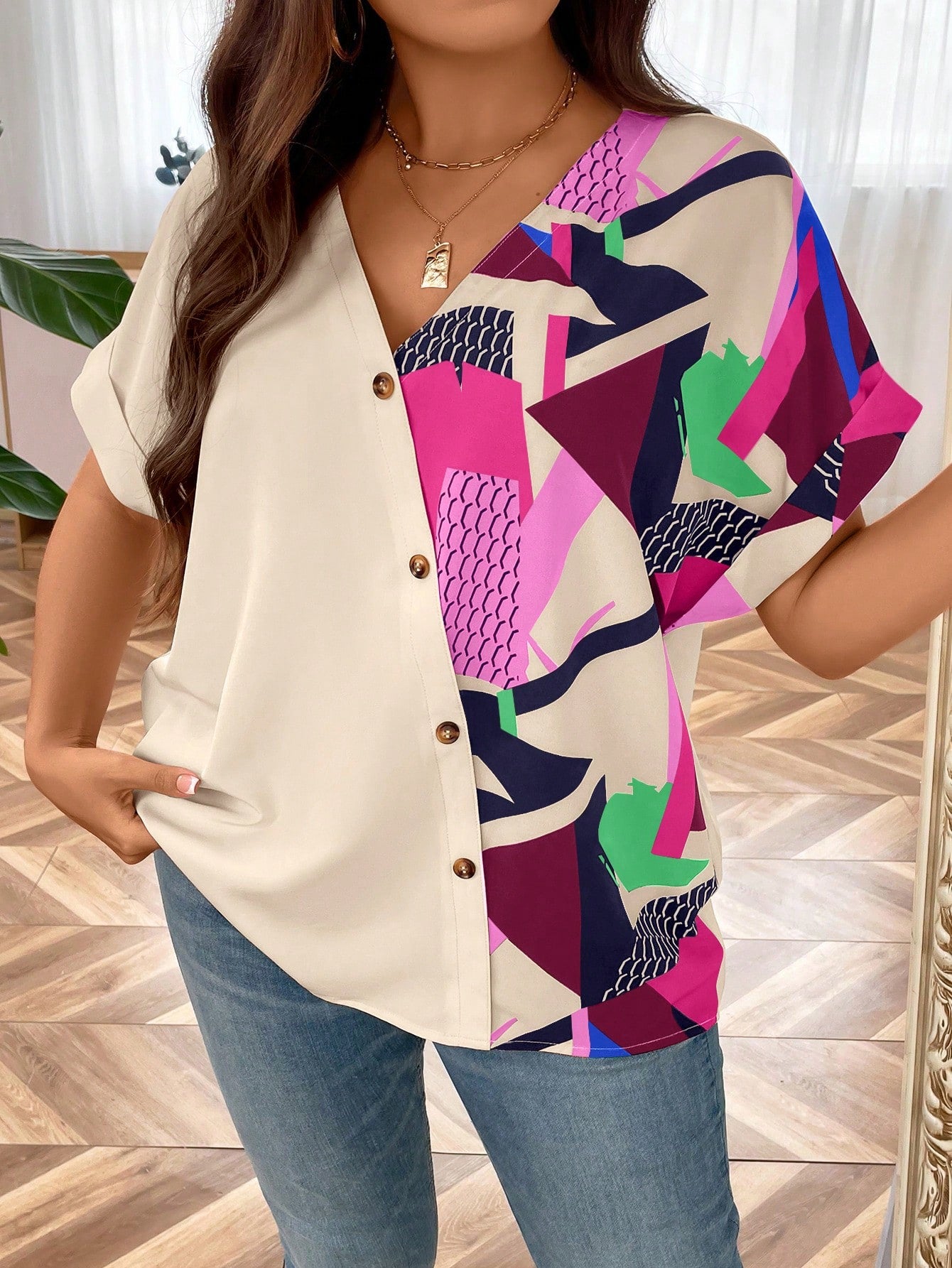 Plus Geo Print Batwing Sleeve Blouse - Premium Plus Size Blouses from ZOETOP BUSINESS CO., LIMITED - Just $39.99! Shop now at Nick's Bay Company