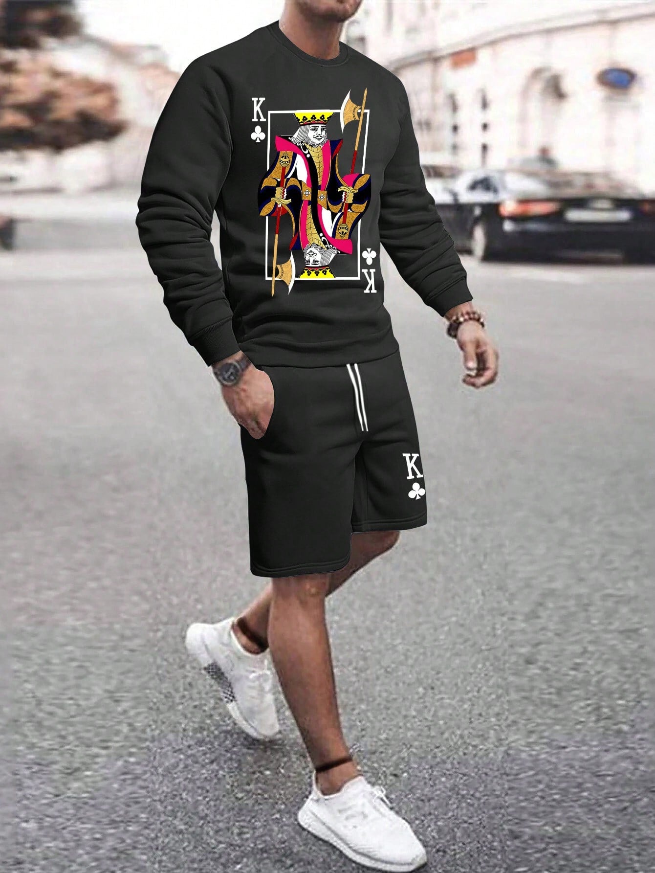Men Playing Card Print Sweatshirt & Drawstring Waist Shorts - Premium Men Two-piece Outfits from ZOETOP BUSINESS CO., LIMITED - Just $59.99! Shop now at Nick's Bay Company