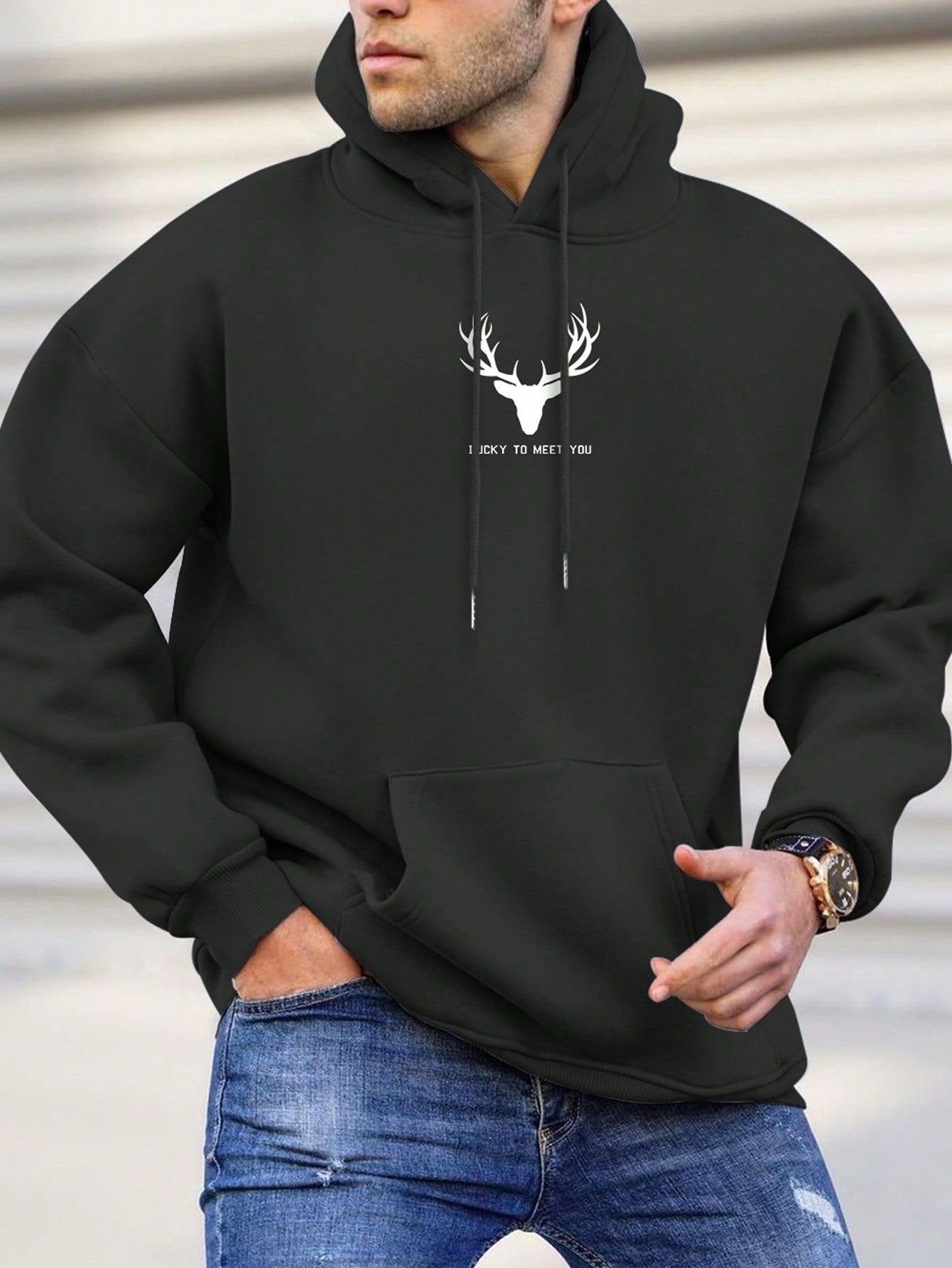Men Deer & Slogan Graphic Kangaroo Pocket Drawstring Thermal Lined Hoodie - Premium Men Sweatshirts from ZOETOP BUSINESS CO., LIMITED - Just $59.99! Shop now at Nick's Bay Company