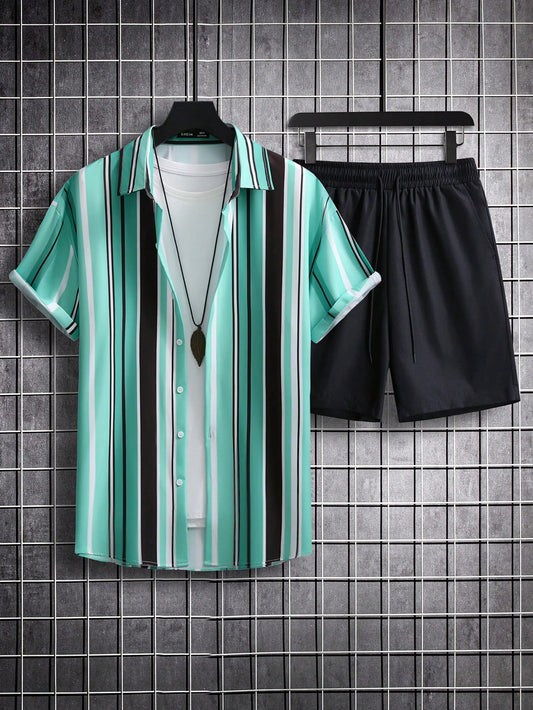 Men Striped Shirt & Drawstring Waist Shorts Without Tee - Premium Men Two-piece Outfits from ZOETOP BUSINESS CO., LIMITED - Just $52.99! Shop now at Nick's Bay Company