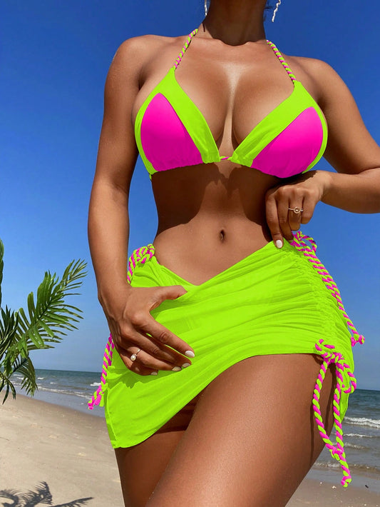 Colorblock Halter Triangle Bikini Swimsuit With Beach Skirt