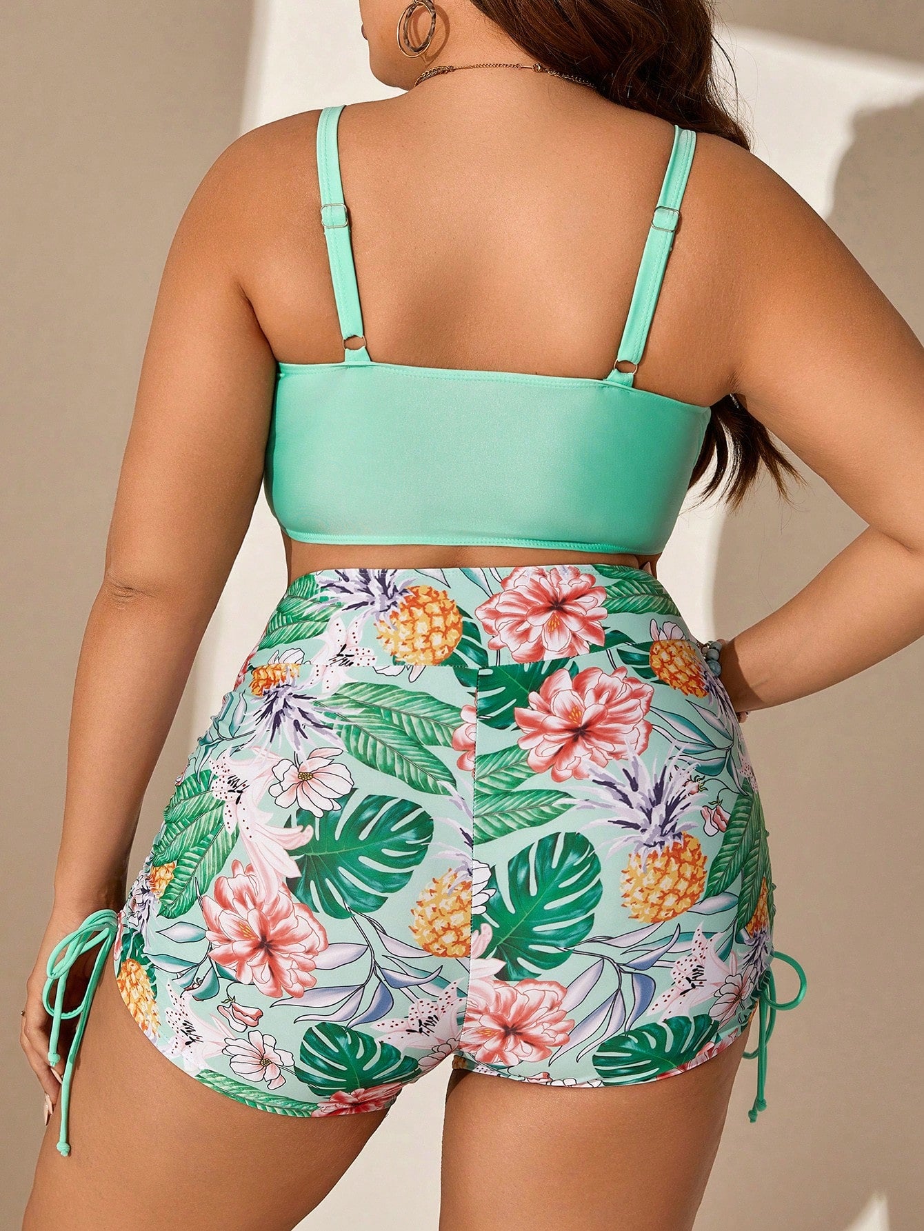 Plus Tropical Print Drawstring Bikini Swimsuit