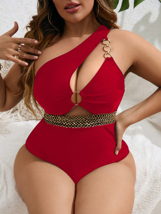 Plus Ring Linked Cut Out One Shoulder One Piece Swimsuit