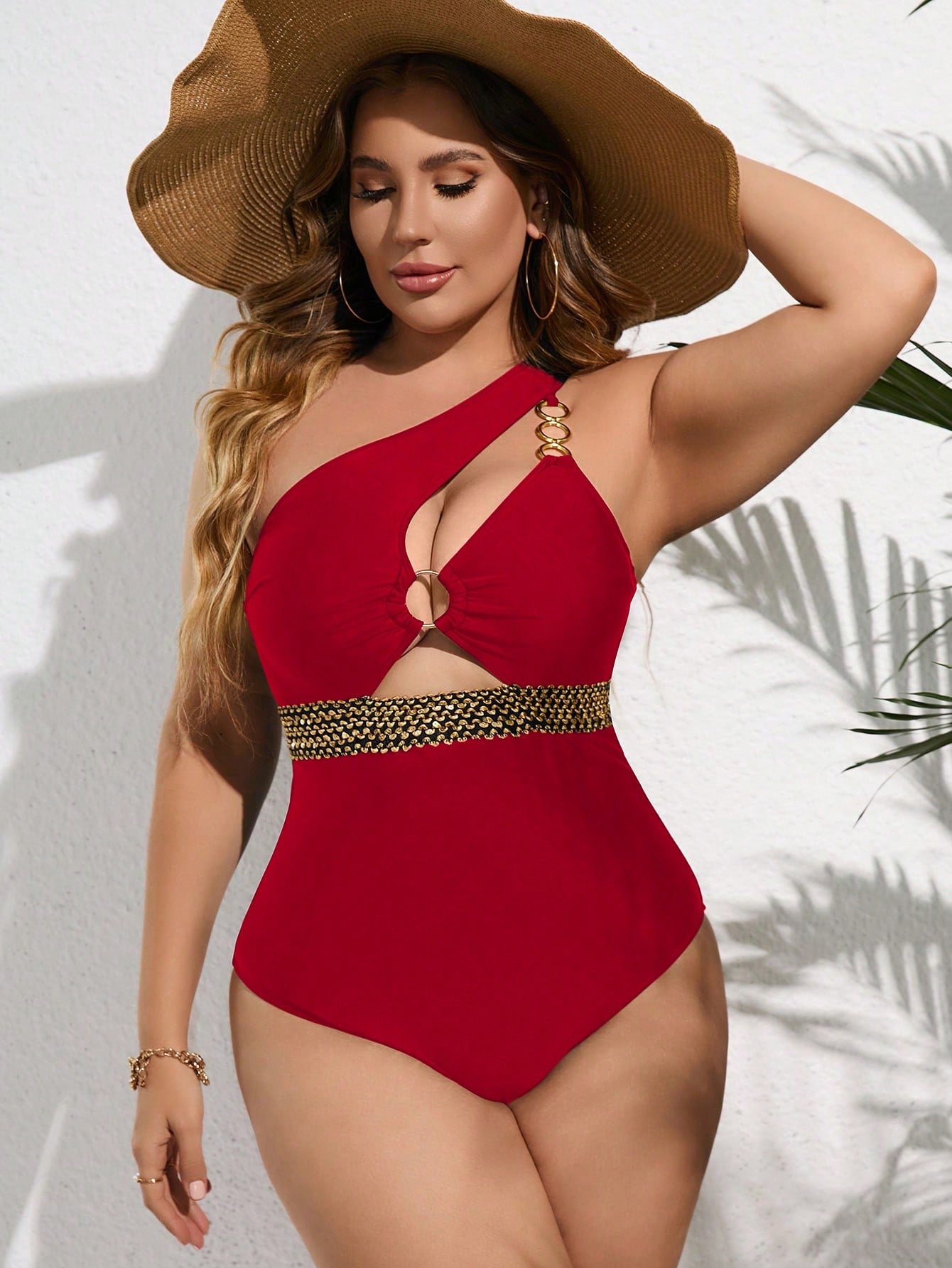 Plus Ring Linked Cut Out One Shoulder One Piece Swimsuit