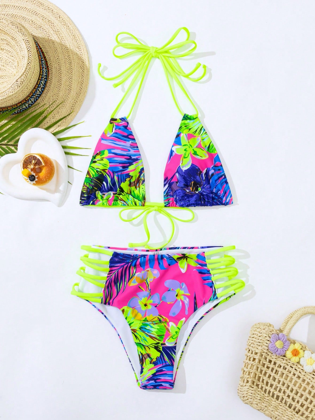 Tropical Print Ladder Cut-out Halter Triangle Bikini Swimsuit