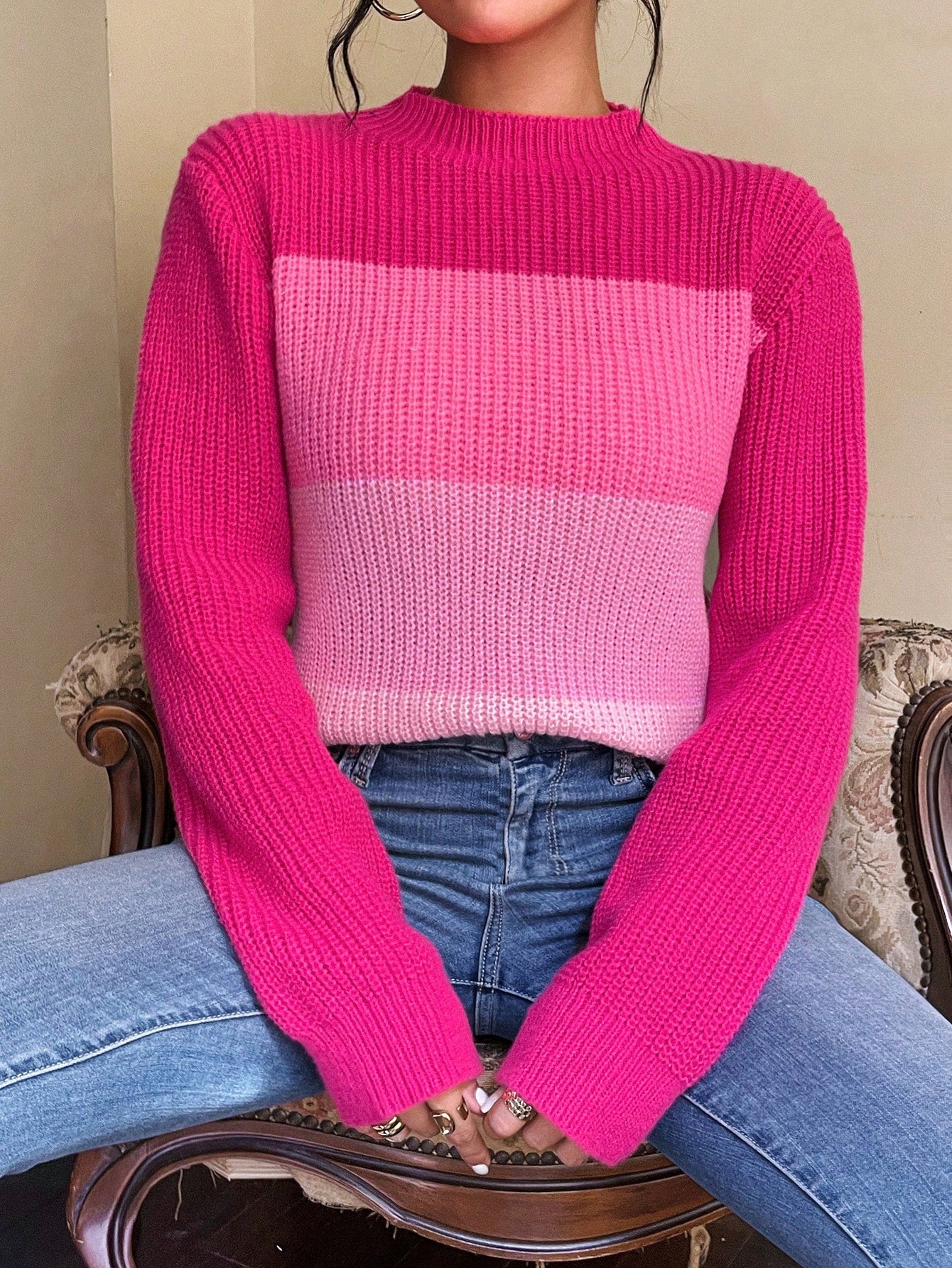 Color Block Mock Neck Sweater