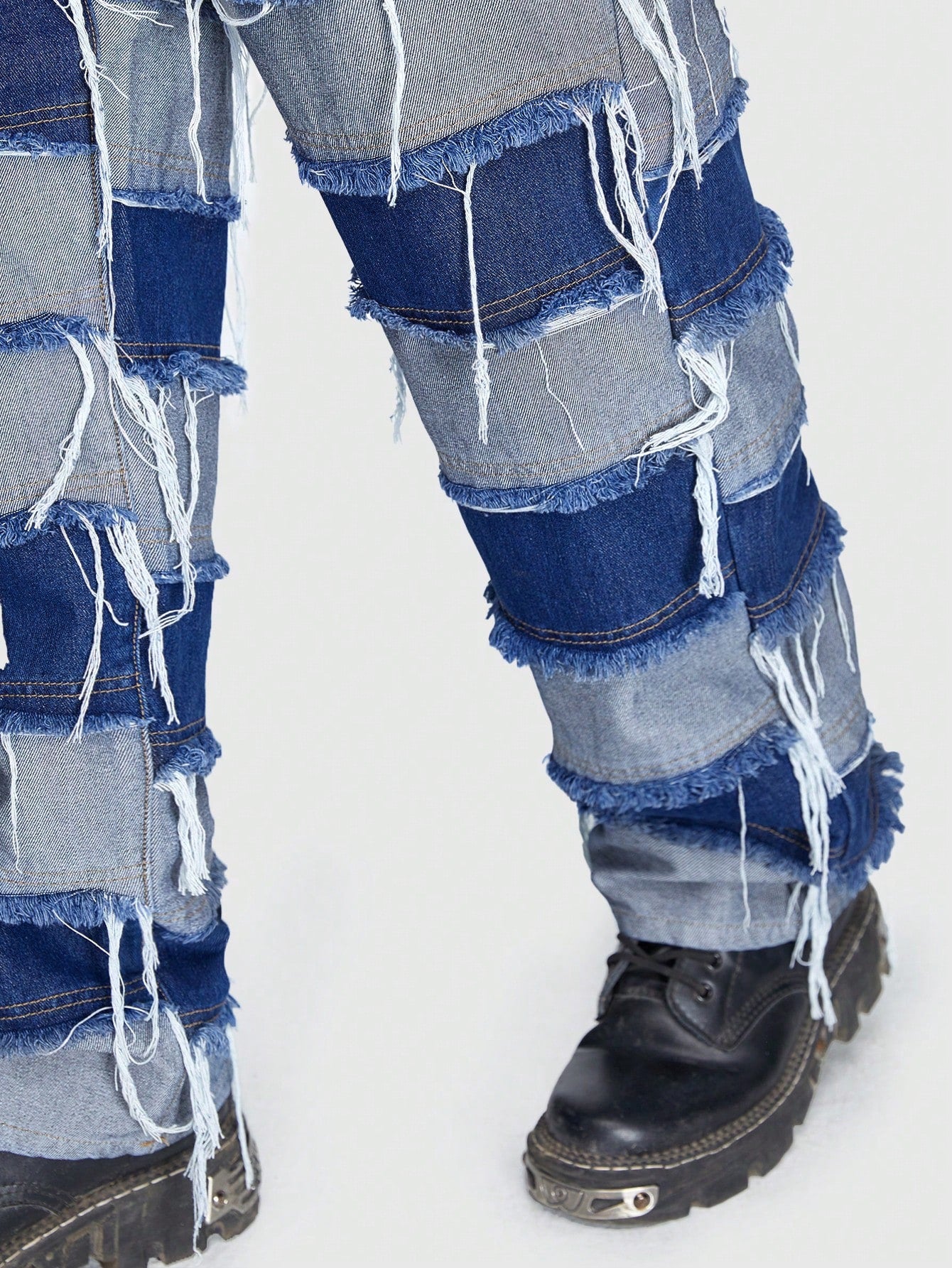 Guys Colorblock Raw Trim Drawstring Waist Baggy Jeans
