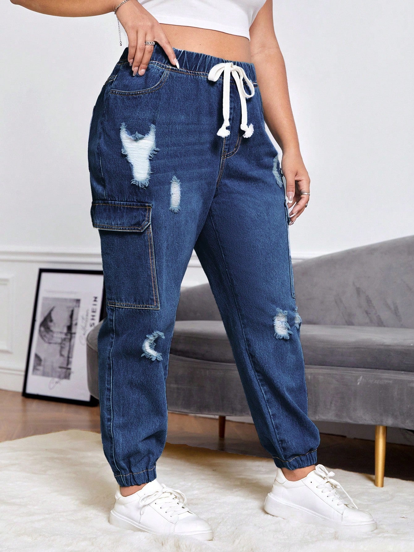 Plus Drawstring Waist Ripped Flap Pocket Side Cargo Jeans