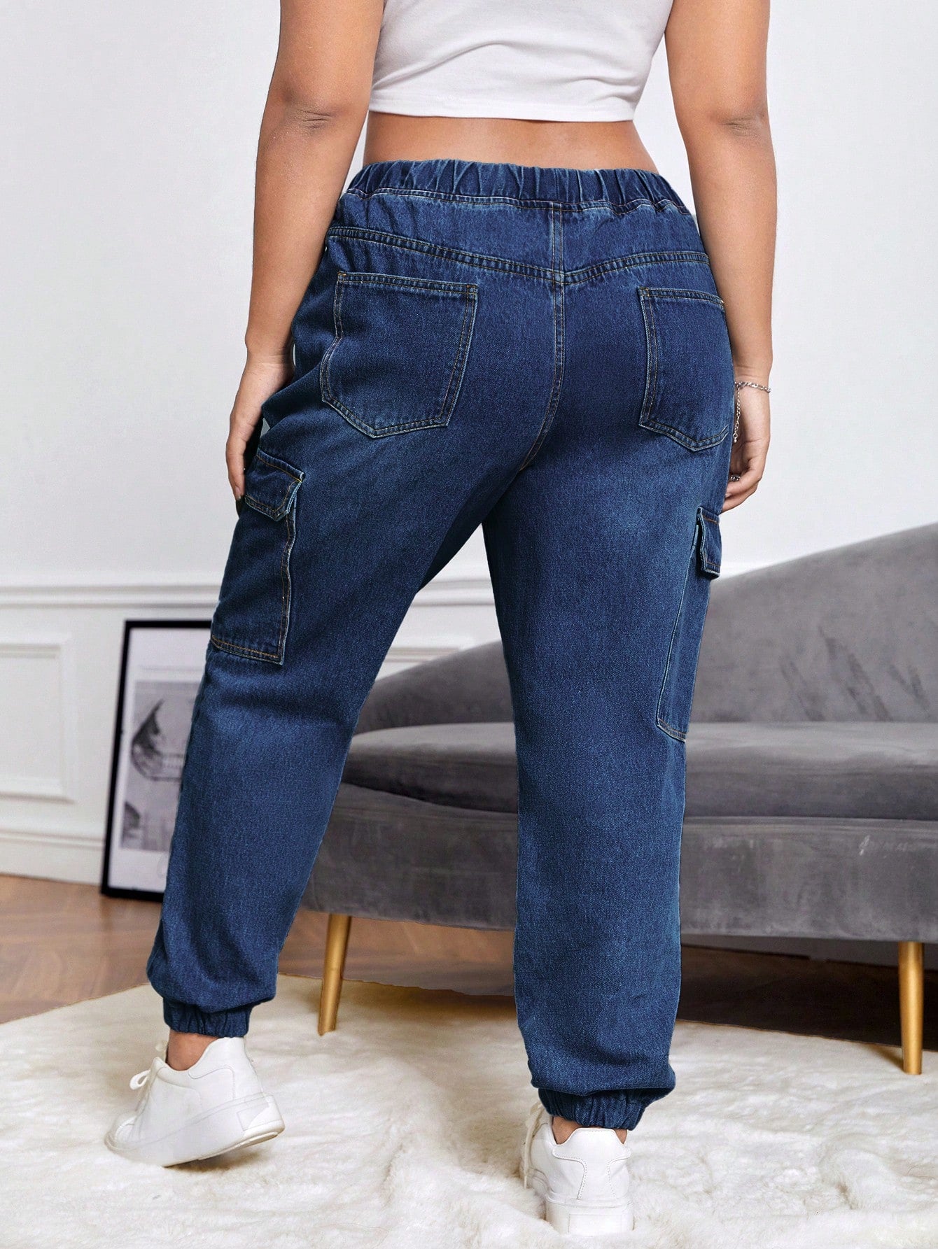 Plus Drawstring Waist Ripped Flap Pocket Side Cargo Jeans