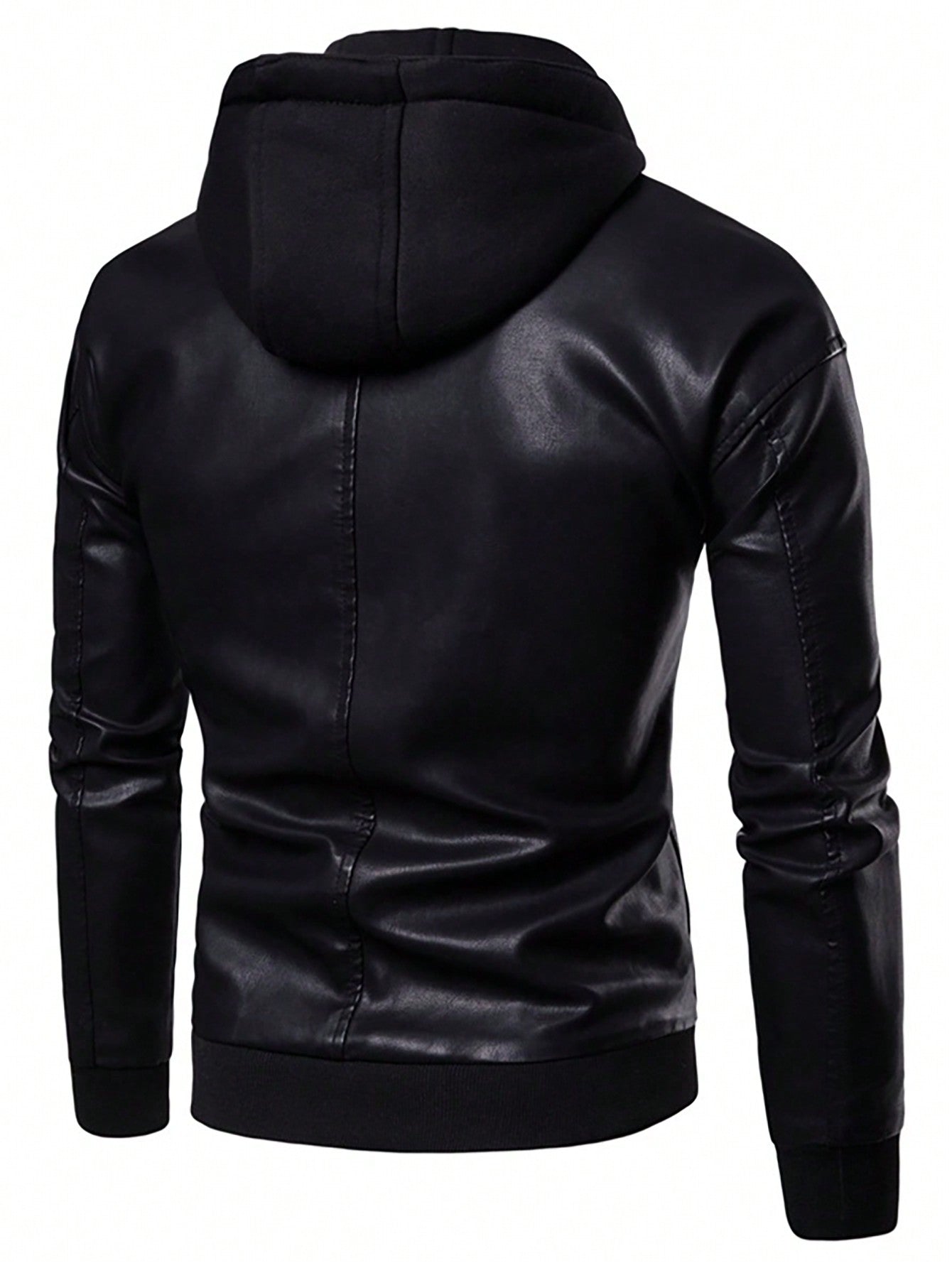 Men Zip Up Hooded PU Leather Jacket