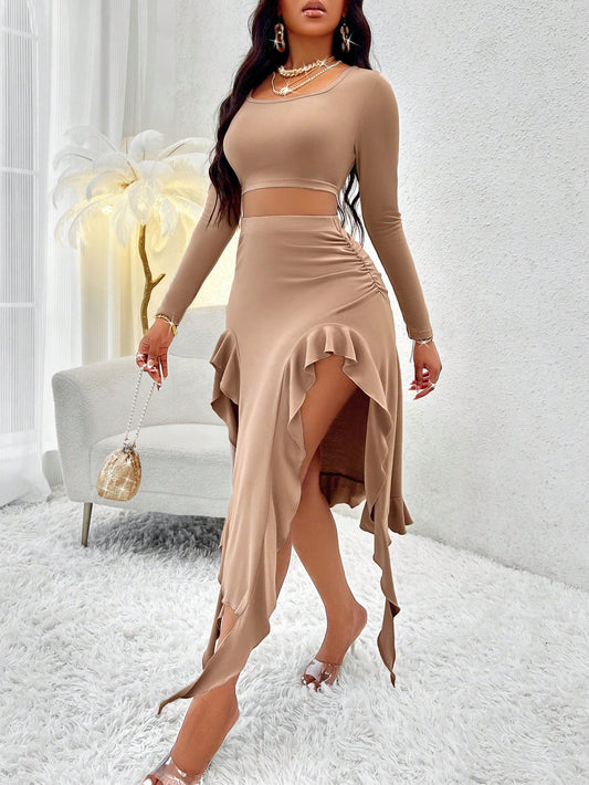 Solid Crop Tee & Ruffle Trim Asymmetrical Hem Skirt