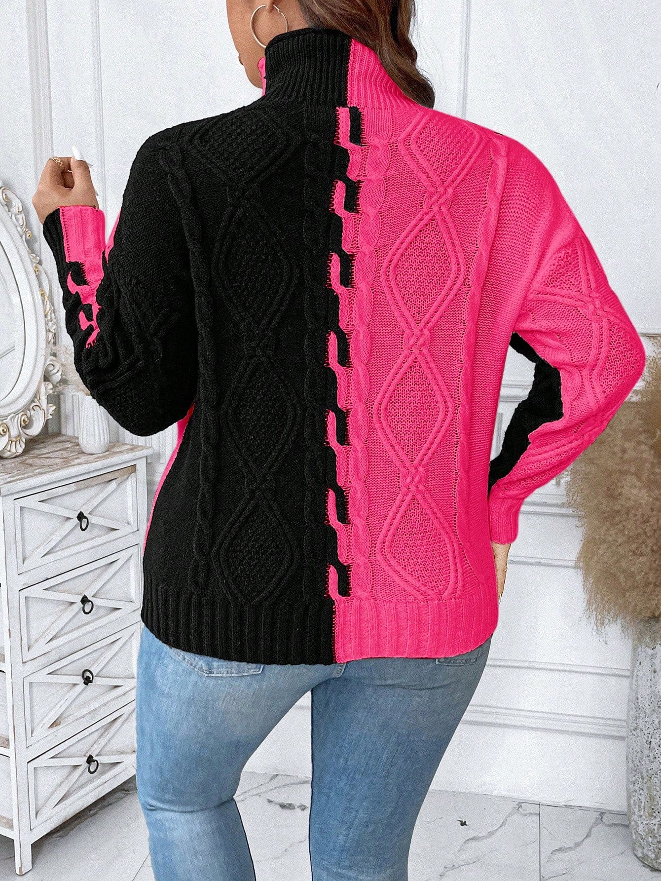 Plus Two Tone Drop Shoulder Turtleneck Cable Knit Sweater