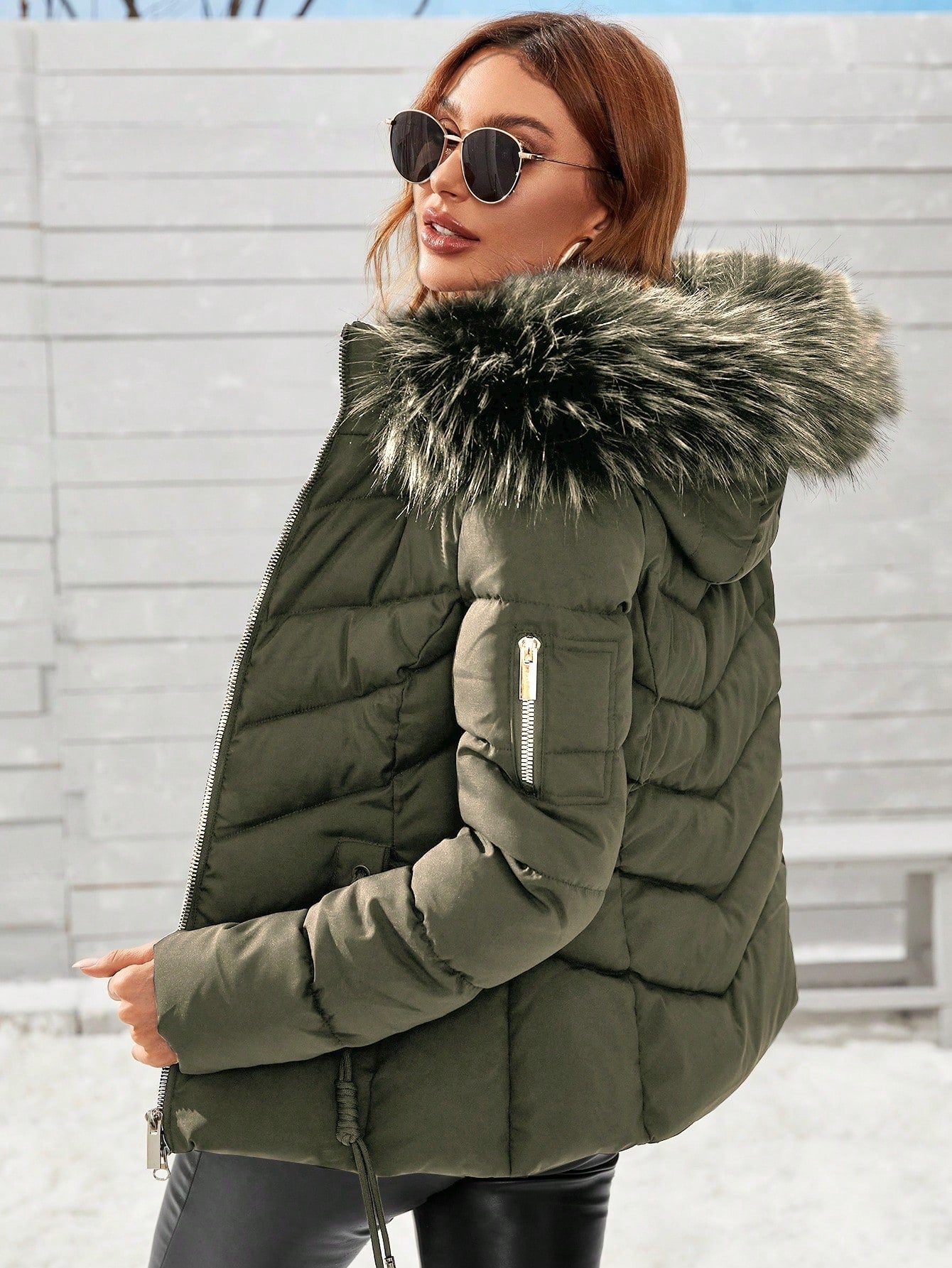 Drawstring Zip Up Fuzzy Hooded Winter Coat