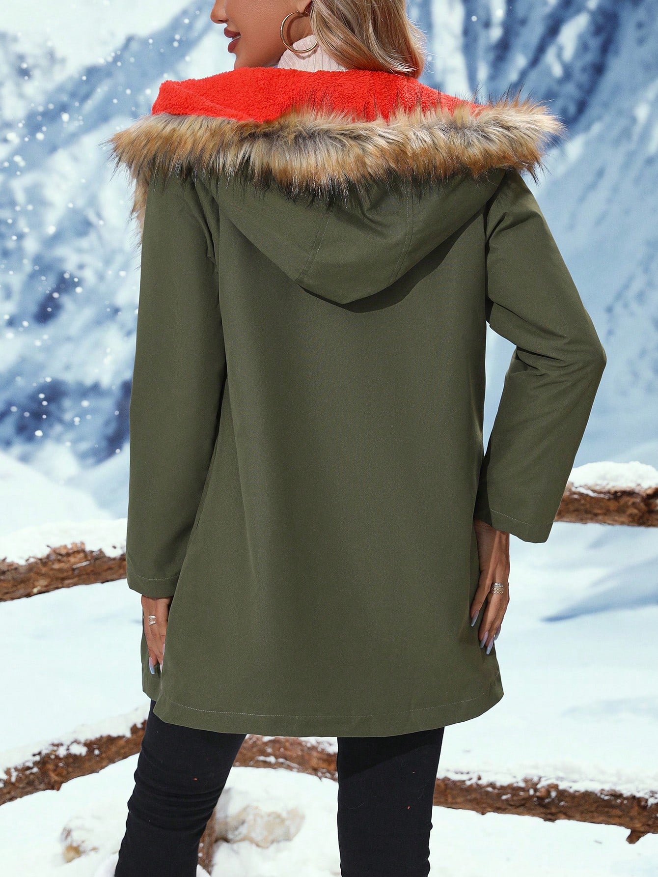 Fuzzy Trim Hooded Open Front Thermal Lined Coat