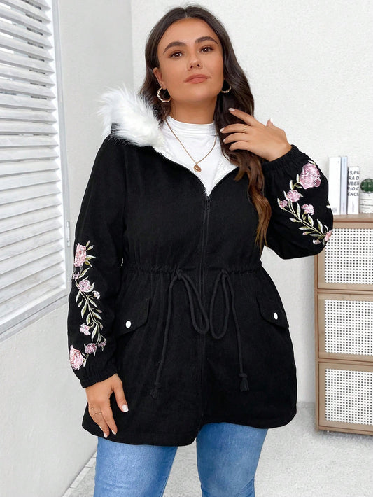 Plus Floral Embroidery Drawstring Waist Fuzzy Trim Hooded Teddy Lined Corduroy Coat