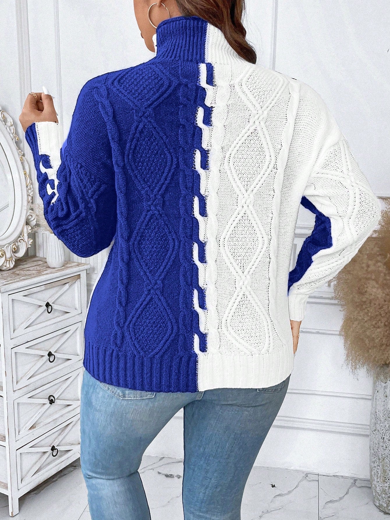 Plus Two Tone Drop Shoulder Turtleneck Cable Knit Sweater