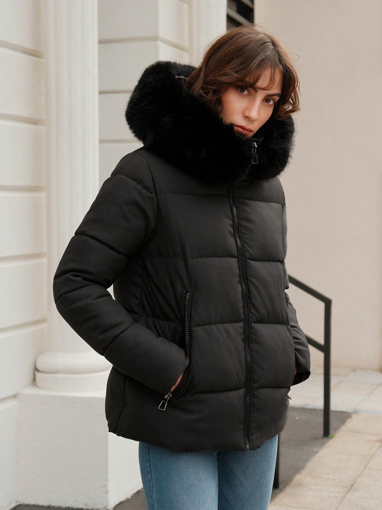 Drawstring Zip Up Fuzzy Hooded Winter Coat