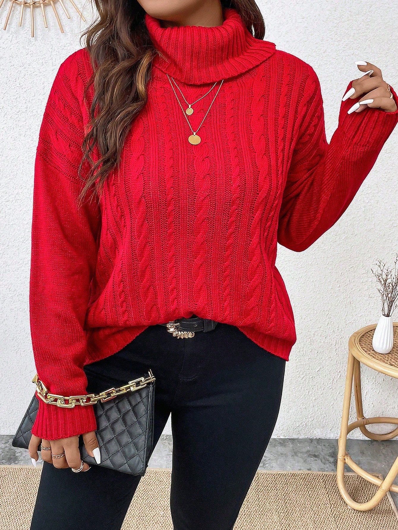 Solid Color Twist Knit Turtleneck Pullover Sweater