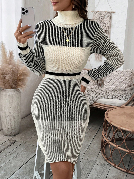 Women's High Neck Stripe Fashion Sweater Dress