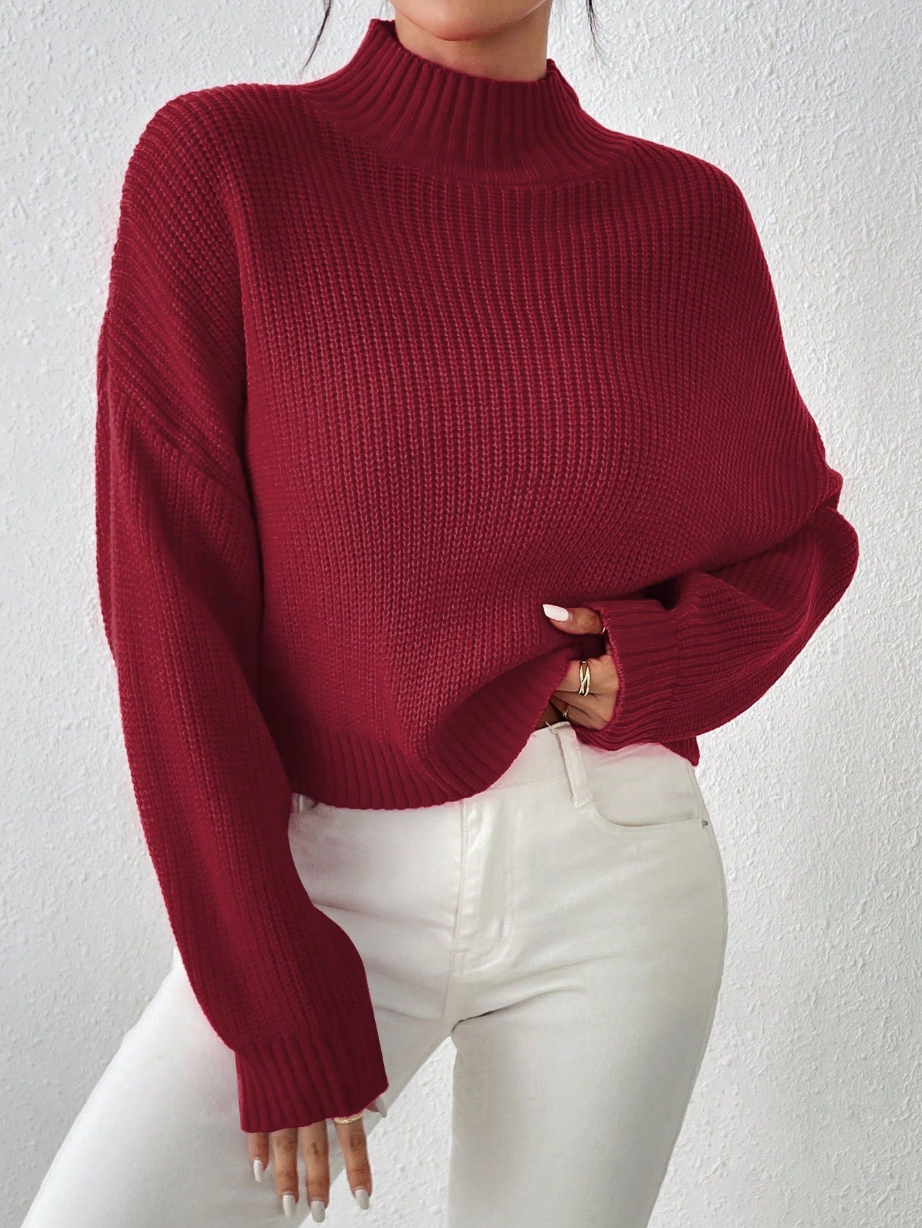 High Neck Drop Shoulder Sweater