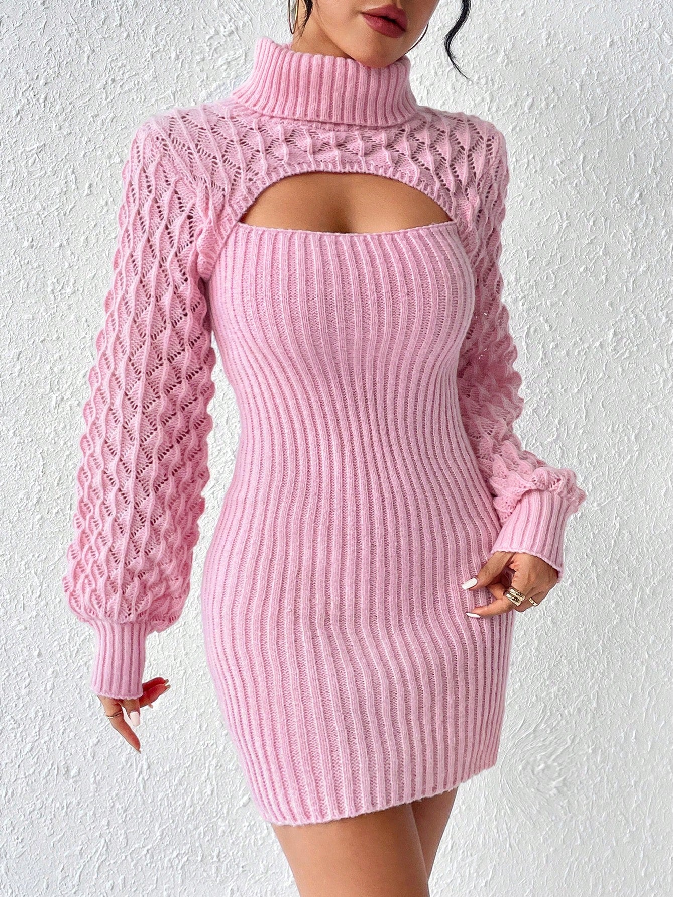 Women's High Neck Hollow Out Knitted Sweater Dress