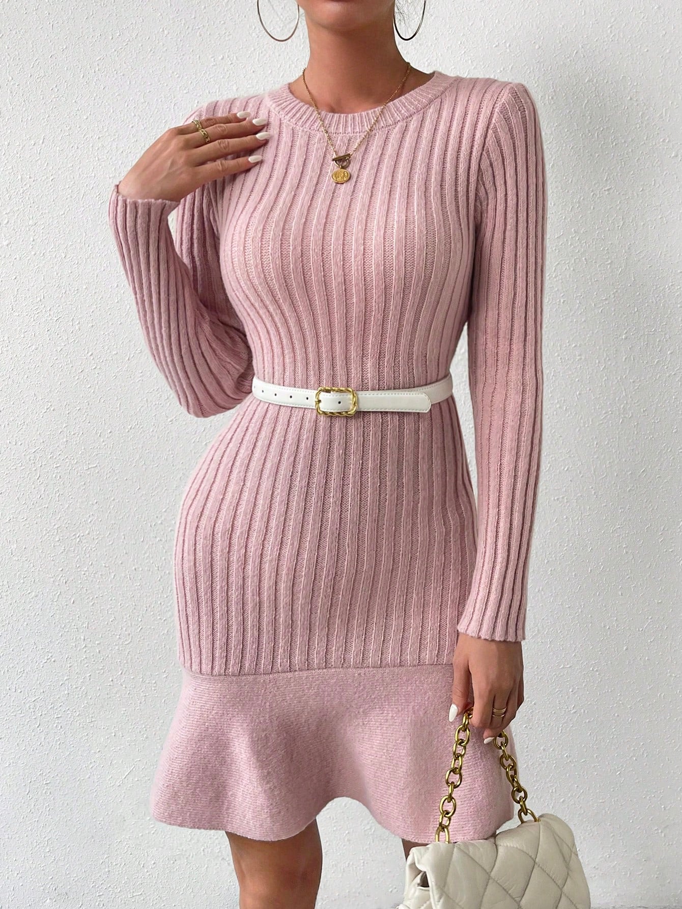 Frenchy Fashionable Women's Belt Decorated Sweater Dress