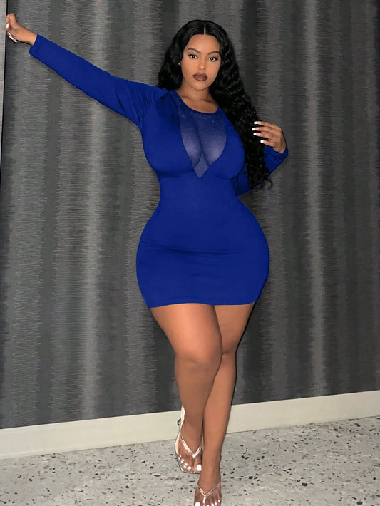 Plus Size Mesh Insert Solid Color Long Sleeve Bodycon Dress
