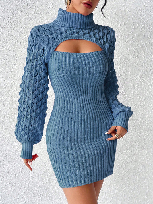Women's High Neck Hollow Out Knitted Sweater Dress