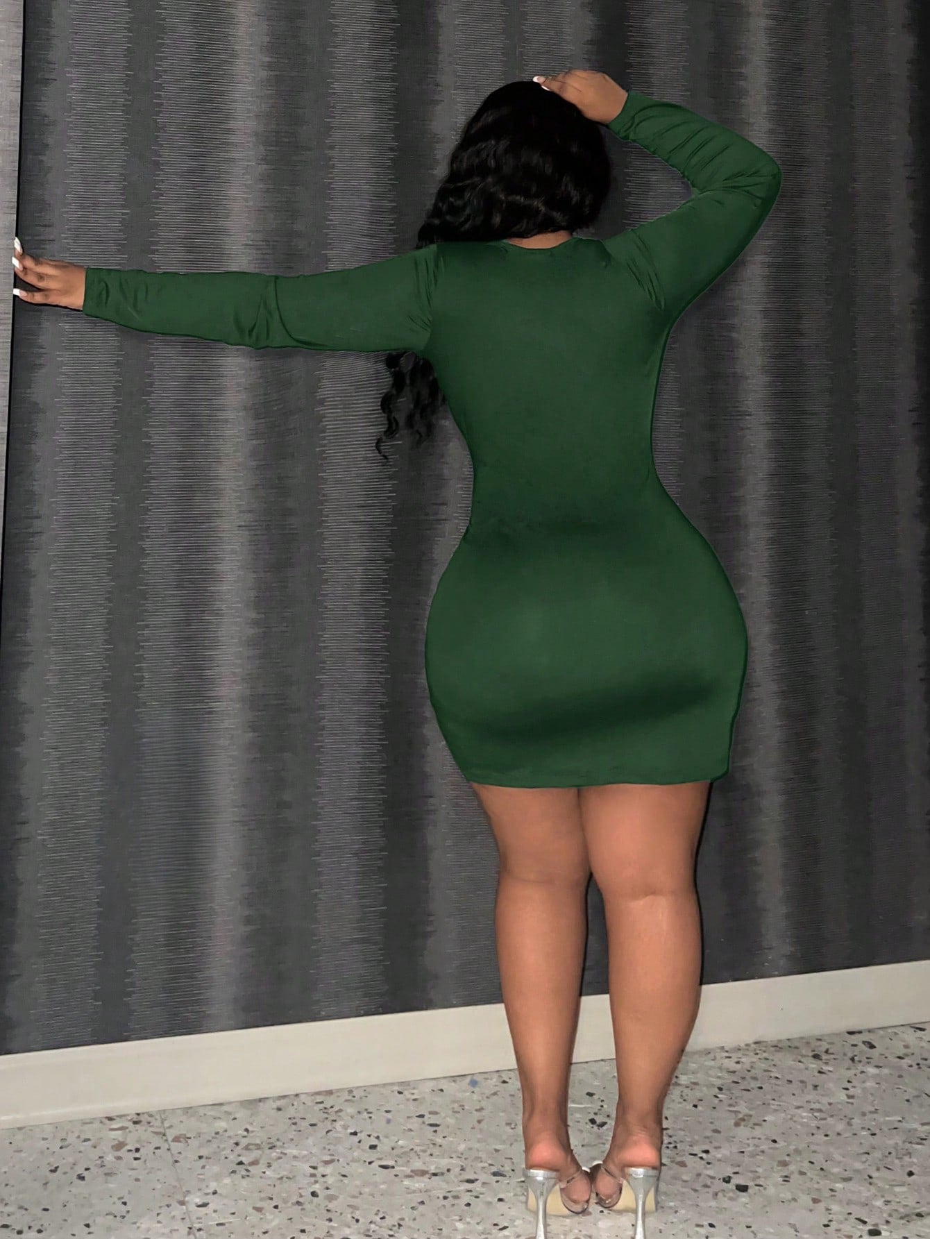 Plus Size Mesh Insert Solid Color Long Sleeve Bodycon Dress