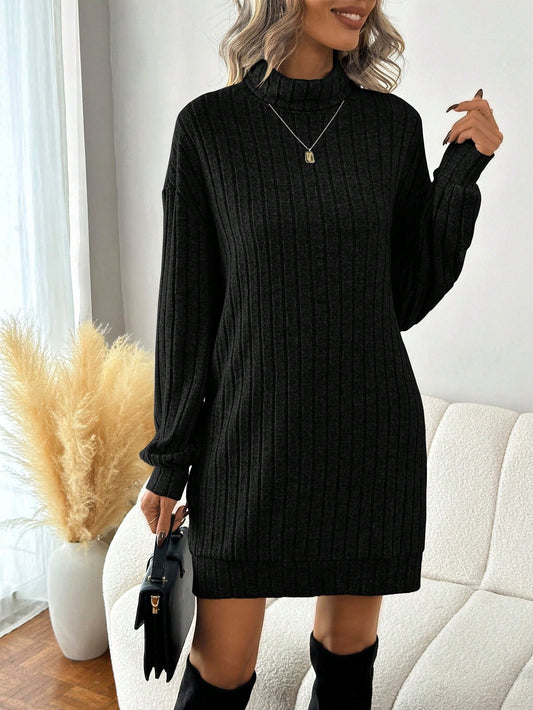 Women's Solid Color Ribbed Knit Turtleneck Sweater Dress