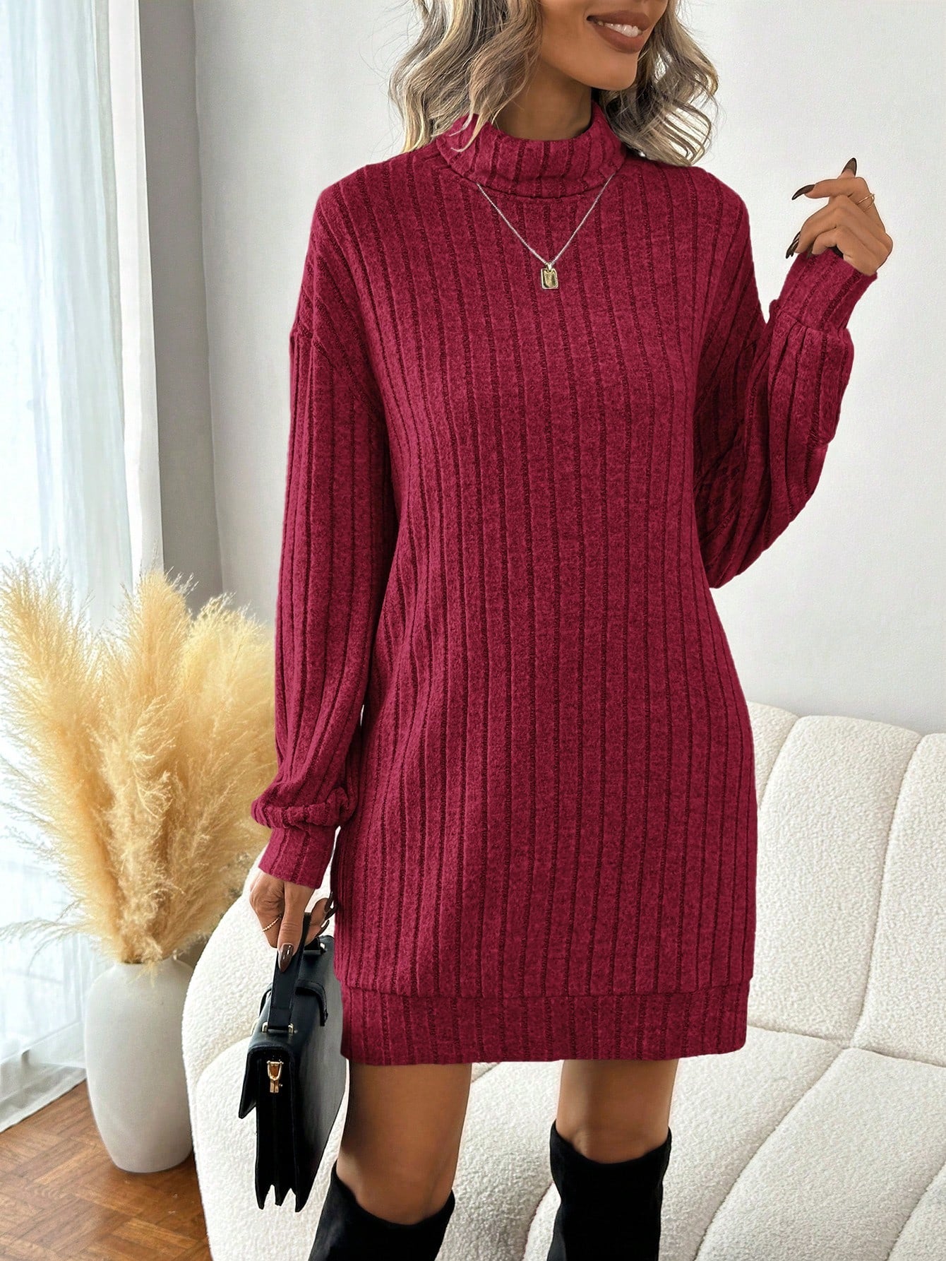 Women's Solid Color Ribbed Knit Turtleneck Sweater Dress