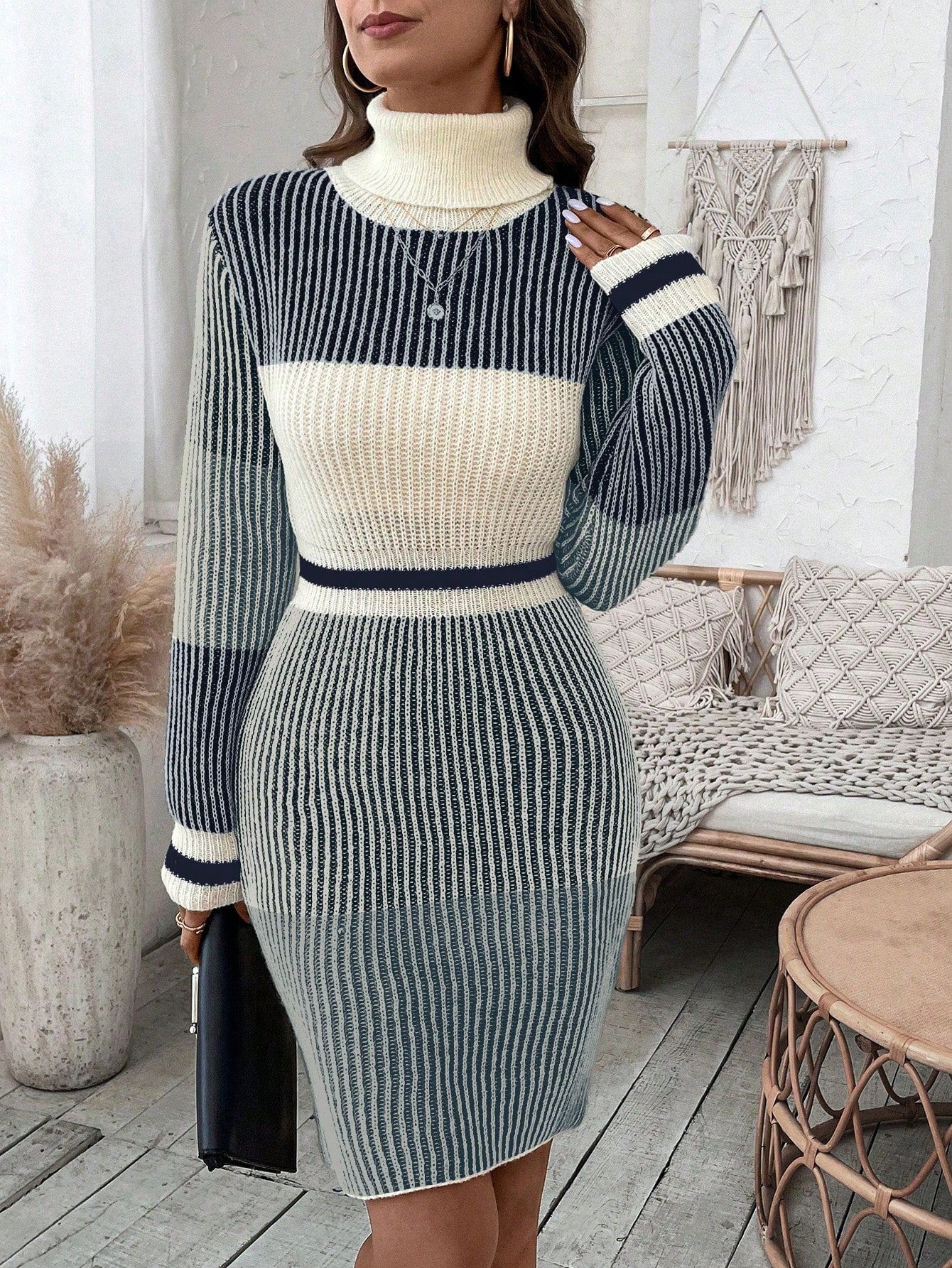 Women's High Neck Stripe Fashion Sweater Dress