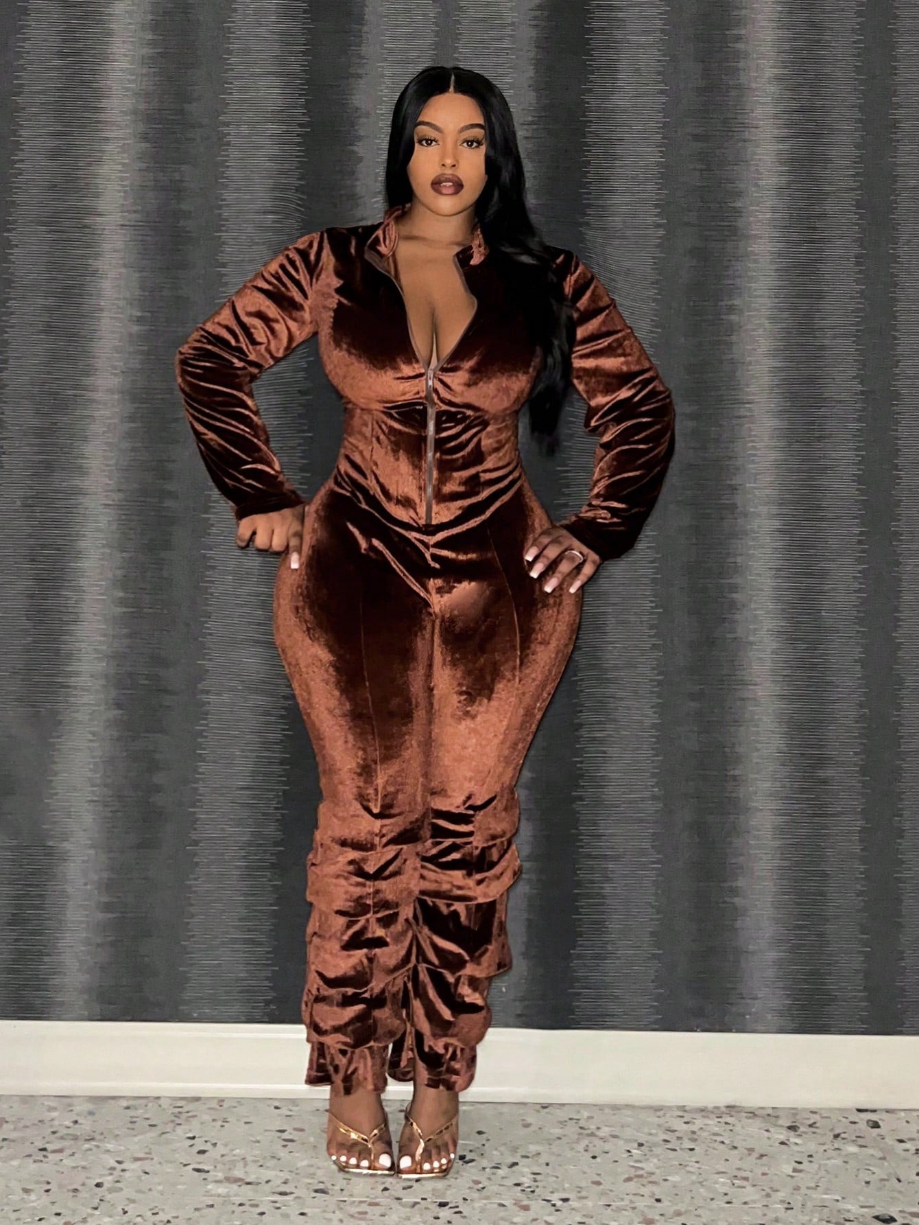 Plus Size Women's Long Sleeve Jumpsuit With Zipper Closure And Ruched Details