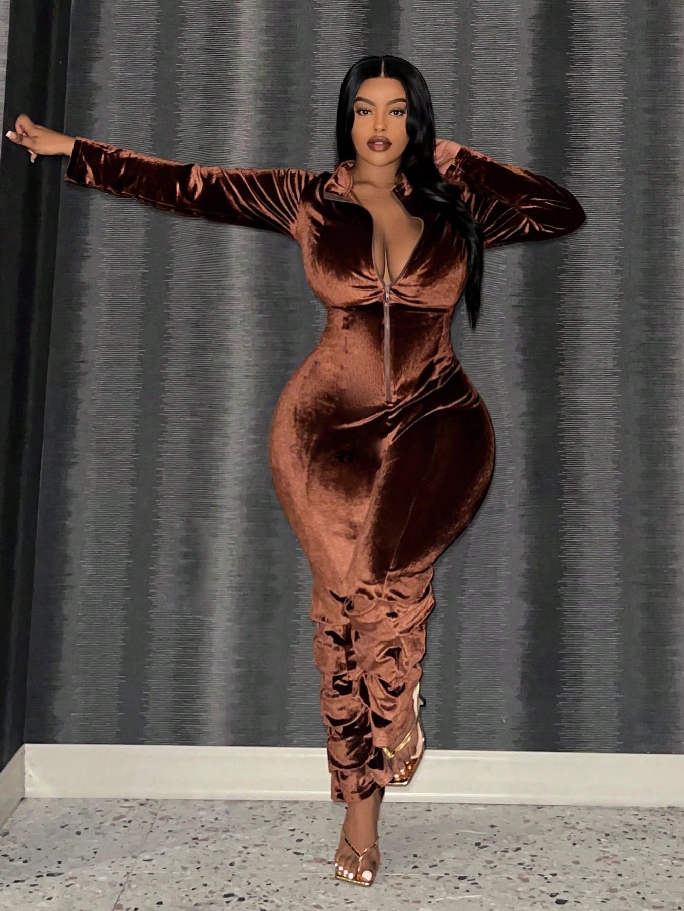Plus Size Women's Long Sleeve Jumpsuit With Zipper Closure And Ruched Details