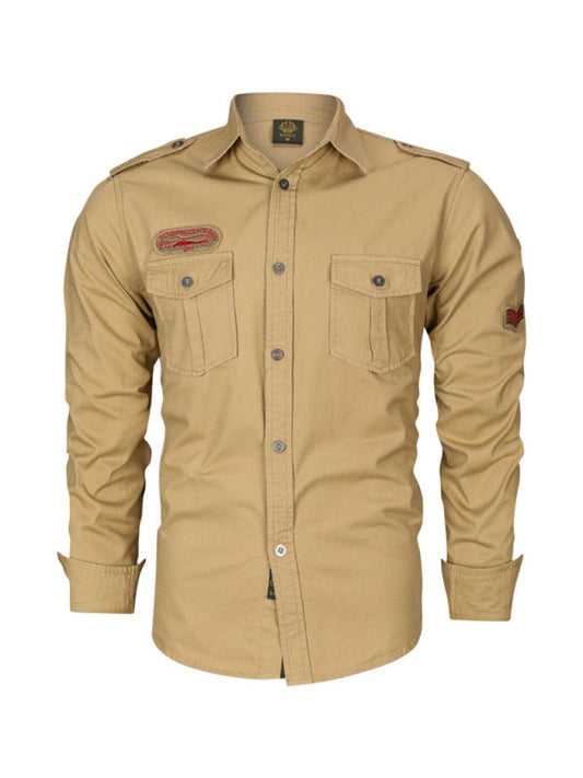 Men's Long Sleeve Military Style Badge Button-up Shirt