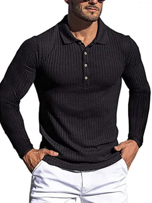 High Elastic Vertical Strip Long Sleeve Slim Knit Polo Shirt - Premium  from kakaclo - Just $32.14! Shop now at Nick's Bay Company