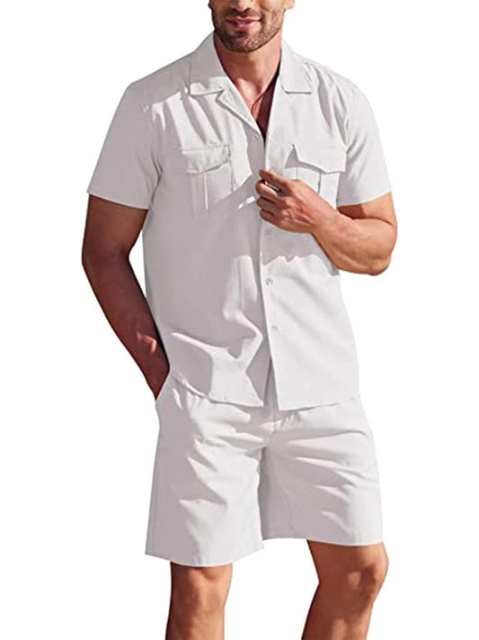 Men's Short-sleeved Casual Cotton Linen Cardigan Set