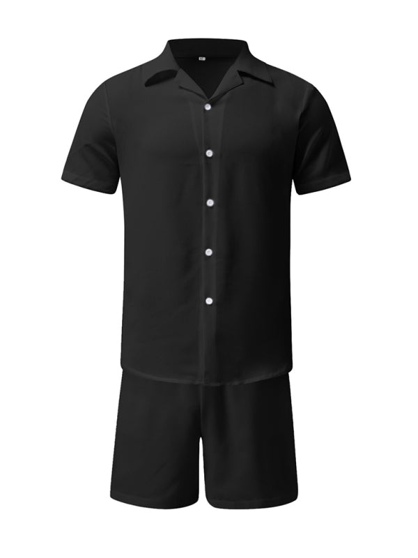 Men's Lapel Cotton Linen Solid Color Short Sleeve Shorts Set