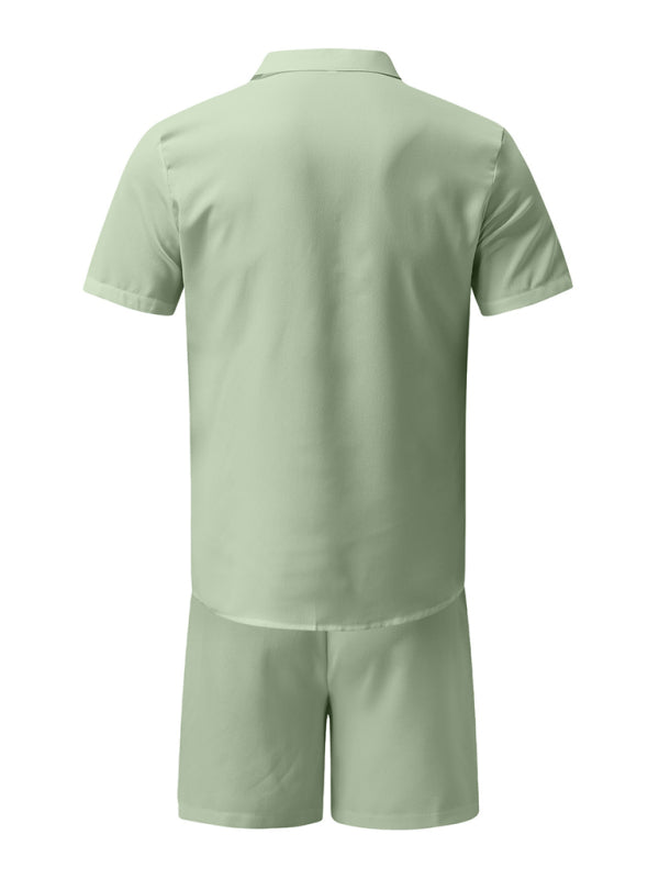 Men's Lapel Cotton Linen Solid Color Short Sleeve Shorts Set