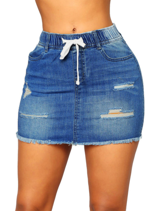 Women's Spring/Summer Drawstring Hole Pack Hip Denim Short Skirt - Premium  from kakaclo - Just $36.15! Shop now at Nick's Bay Company