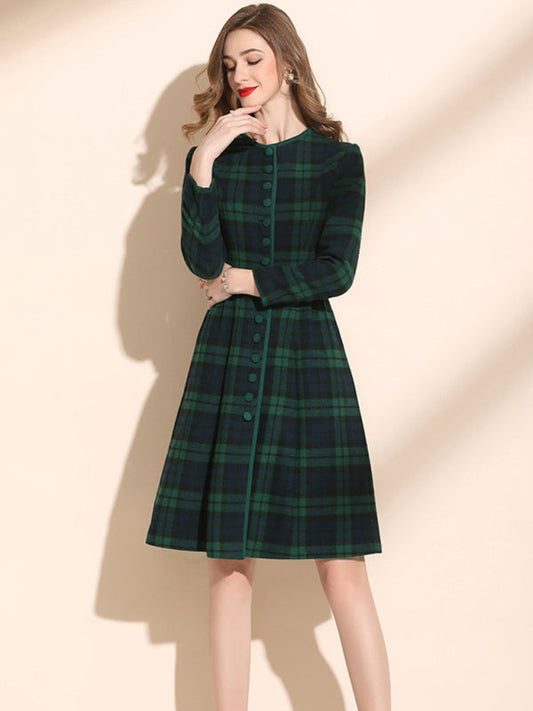 Round Neckline Flannel  Plaid Pattern Aline Dress - Premium  from kakaclo - Just $139.00! Shop now at Nick's Bay Company