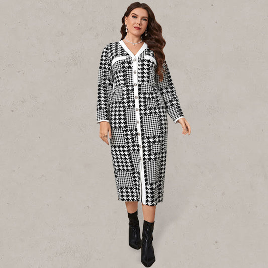 Women’s Plus Size Plaid Pattern Long Sleeve V Neck Textured Button Front Shift Dress - Premium  from kakaclo - Just $79.00! Shop now at Nick's Bay Company