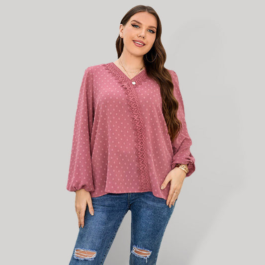 Women's Solid Color Plus Size Swiss Lace Trim Swiss Dots Puff Sleeve Blouse - Premium  from kakaclo - Just $39.74! Shop now at Nick's Bay Company