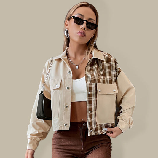 Women's Bi Patterns With Plaid Print Cropped Jacket - Premium  from kakaclo - Just $44.63! Shop now at Nick's Bay Company