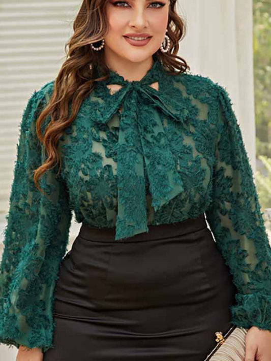 Women's Solid Color Plus Size Lace Trim Tie Neck Long Sleeve Lace Top - Premium  from kakaclo - Just $34.95! Shop now at Nick's Bay Company