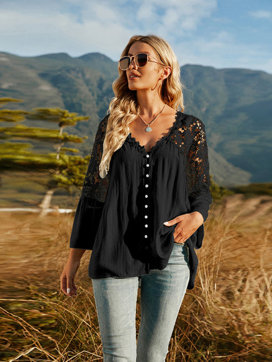 Solid Color Button Front Flare Embroidered Lace Sleeve V Neck Blouse - Premium  from kakaclo - Just $41.61! Shop now at Nick's Bay Company