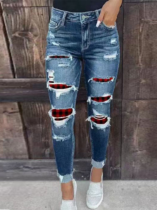 Women's Rip Distressed Lined With Plaid Print Curvy Fit Skinny Jeans - Premium  from kakaclo - Just $45.49! Shop now at Nick's Bay Company
