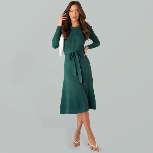 Women's Crew Neck Ruffle Cable Knit Sweater Midi Dress - Premium  from kakaclo - Just $49.40! Shop now at Nick's Bay Company