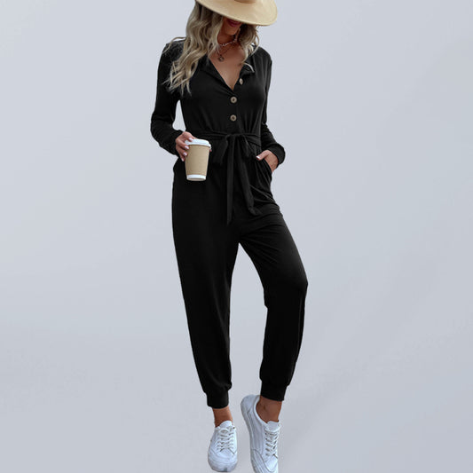 Women's Solid Color Button-up Front Waist Tie Jumpsuit - Premium  from kakaclo - Just $52.30! Shop now at Nick's Bay Company